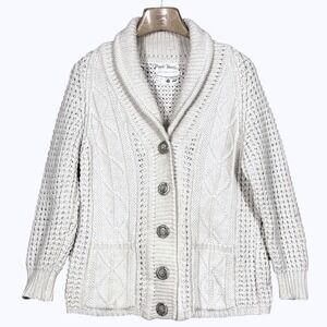 Vtg Purple Heather Handloomed Irish Wool Cable Knit Shawl Collar Cardigan Creaam